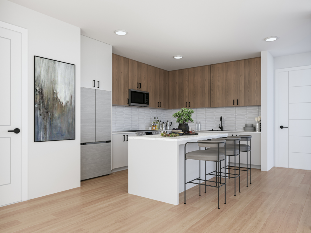 a modern kitchen inside new build condo located in Langford british columbia