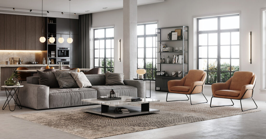 modern staged living room of greater victoria home